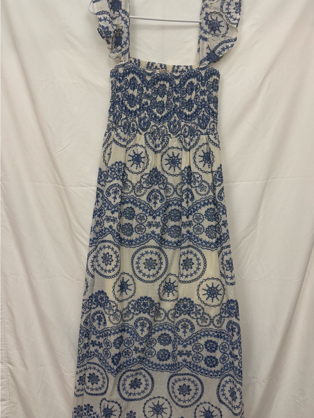 Sunday Up Blue and White Embroidered Maxi Dress Smocked Cutout